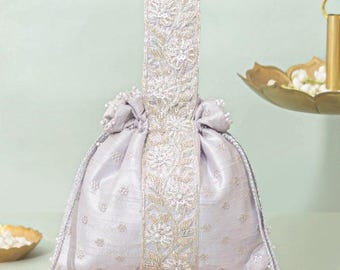 Meraki Embroidered Potli - Silver, indian bag, designer wear potli, Diwali gifts, festive wear