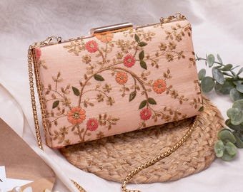 Floral Creeper Bridal Box Clutch - Peach Evening Bag, Embroidered Purse, Wedding Gift