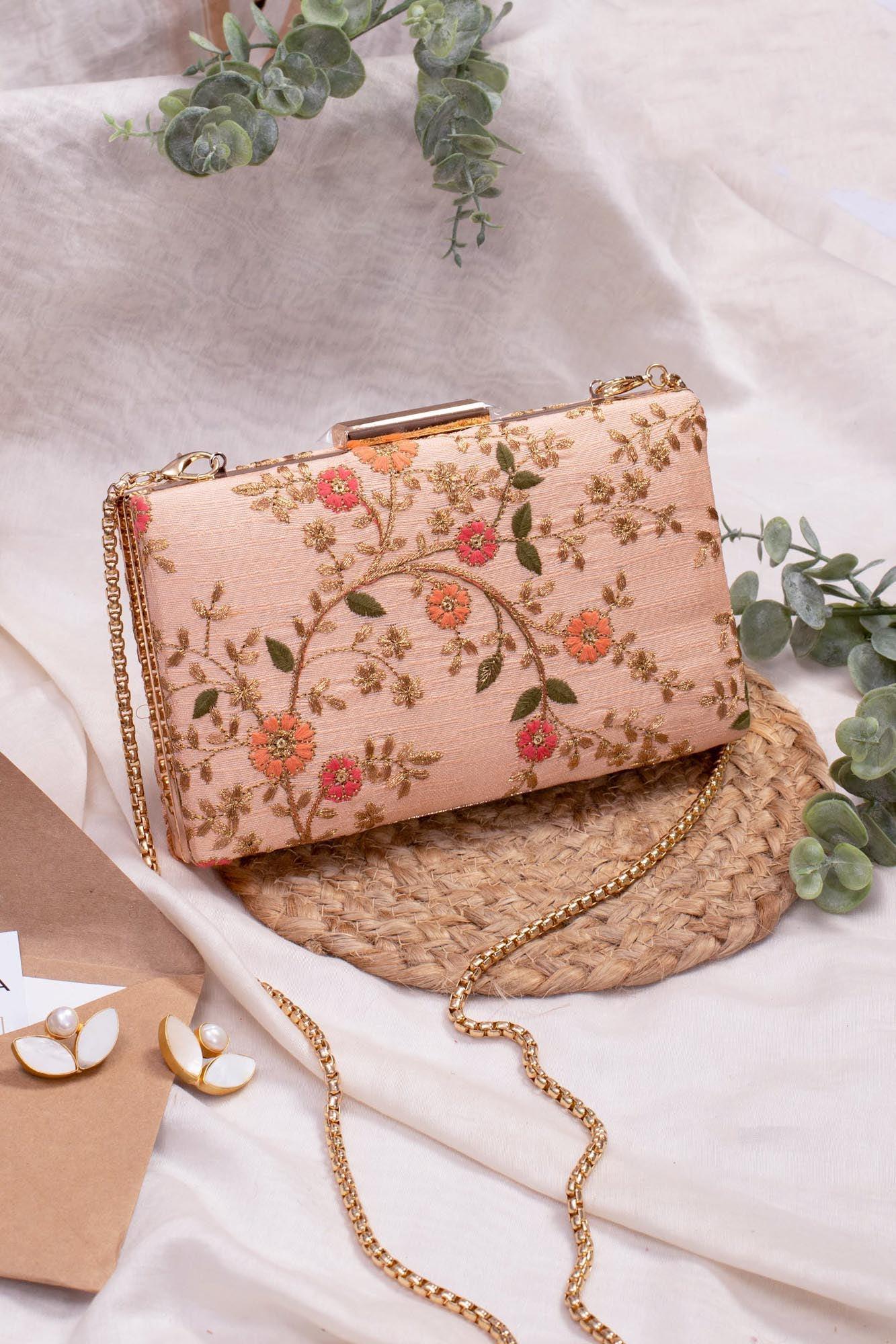 Floral Creeper Bridal Box Clutch - Peach Evening Bag, Embroidered