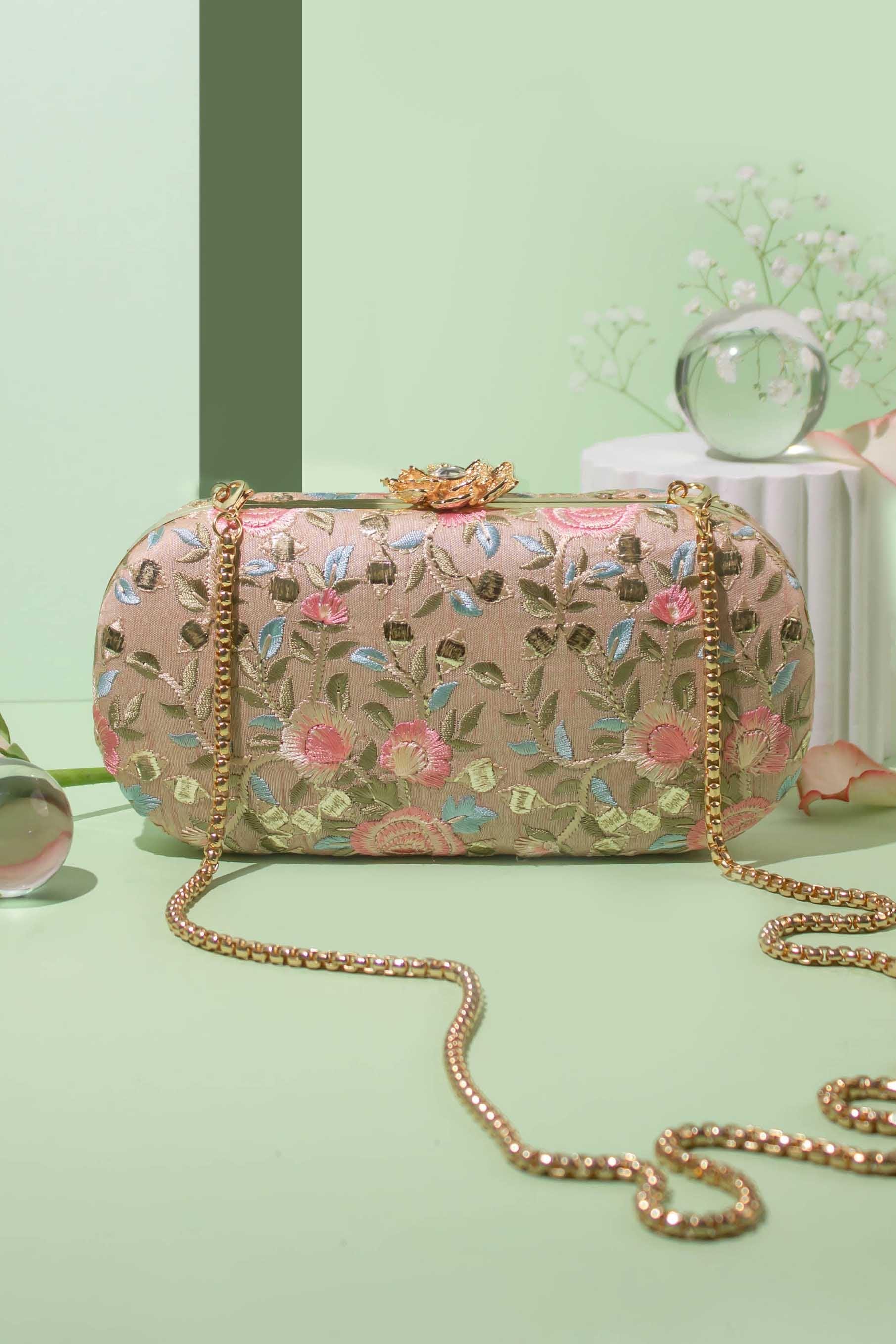 Peony Capsule Clutch, floral embroidered bag, designer wear purse for women, Diwali festive bags