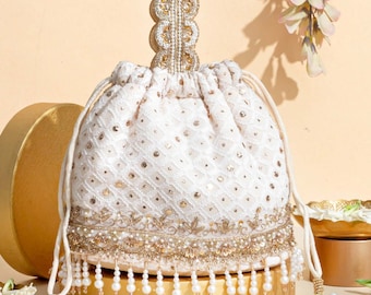 Ira Chikankari Mukaish Embroidered Bucket Bag- off white, wedding bag, diwali gift, indian handbag for women, white wedding bag