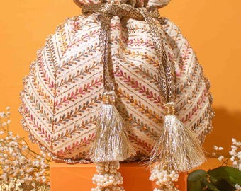 Fiza Embroidered Potli – Bridal, Pearl Zari Wedding Accessory Bag