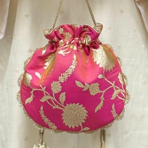 Satrangi Banarasi Potli - Rose Pink Silk Purse, Diwali Gift, Festive Bag