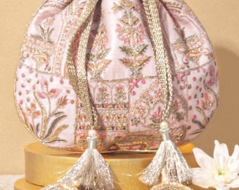 Potli rosa Amer, bolso potli para boda, embrague potli, Potli nupcial indio bordado único para bodas, bolso rosa bebé