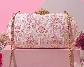 Mogra Capsule Clutch - Baby pink, Women's embroidered sling bag, Party clutch, Diwali collections