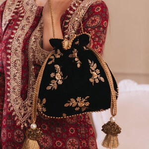 Black Velvet Embroidered Bridal Potli bag, evening party bag, designer wear potli , Diwali gifts