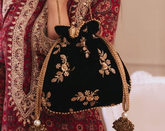 Black Velvet Embroidered Bridal Potli bag, evening party bag, designer wear potli , Diwali gifts