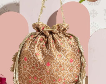 Kashi Pure Banarasi Silk Potli - Cream & Pink, banarasi potli, Indian bag, Diwali gift, wedding bag