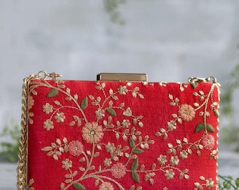 Floral creeper box clutch - Red, embroidered clutch bag for women, Diwali festive bags