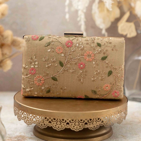 Floral Creeper Box Clutch - Gold, embroidered silk designer bag, evening party sling bag, embroidered clutch, floral clutch, wedding bag