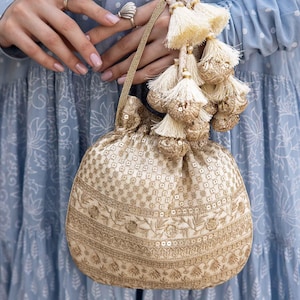Resham Bridal Potli Bag Off White - Silk Potli, Zari Embroidered, Wedding Accessory image 1