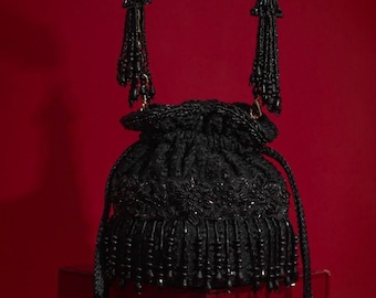 Tilora Embroidered Mini Potli - Black Silk potli, Evening Bag, Wedding Gift