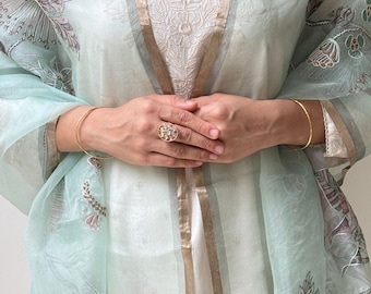 Bageecha Embroidered Organza Dupatta - Mint, Floral Embroidered, Sheer Shawl