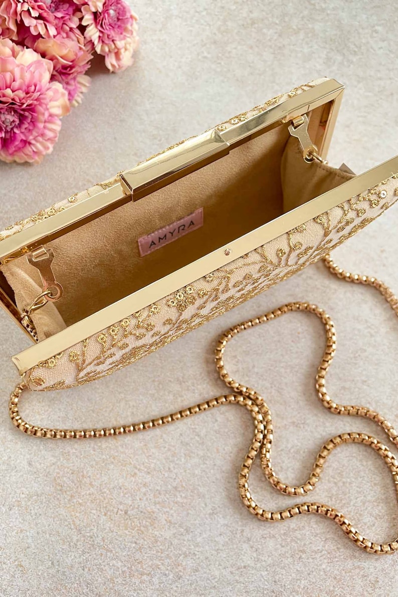 Beige sequin embroidered box clutch