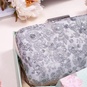 Silver embroidered box clutch