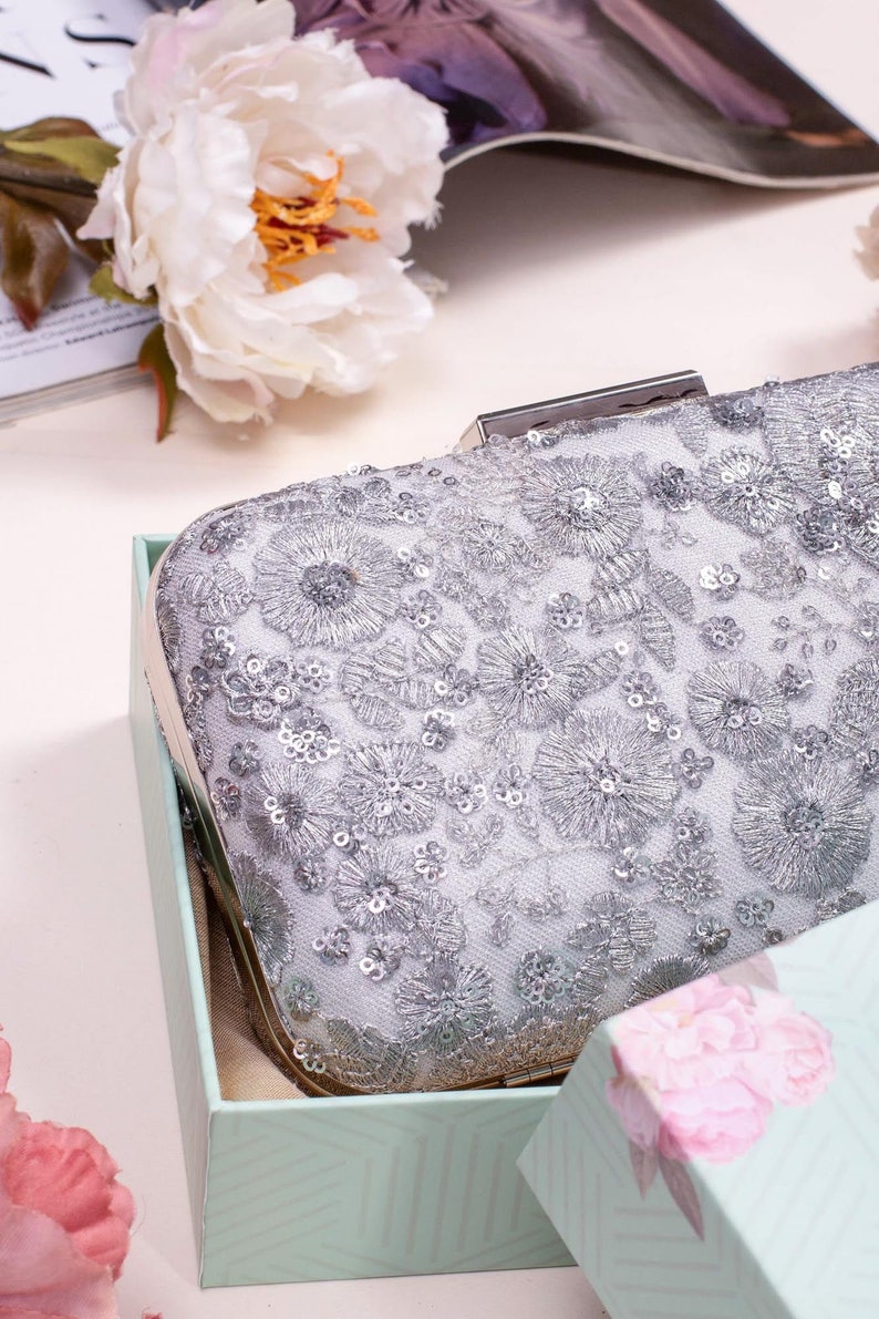 Silver embroidered box clutch