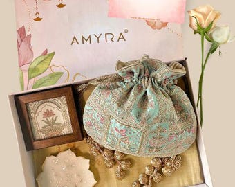 Cadeaumand - Amer turquoise potli - Home & Urli-doos, diwalicadeau, Indiase feestelijke diwali-cadeauset, git for her,