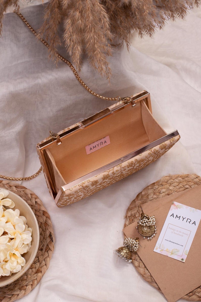 Beige sequin embroidered box clutch