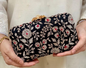 Saaz Embroidered clutch - Black, shoulder bag, wedding gift, evening purse, party dress bag, sling bag