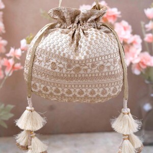 Resham Bridal Potli Bag Off White - Silk Potli, Zari Embroidered, Wedding Accessory image 5