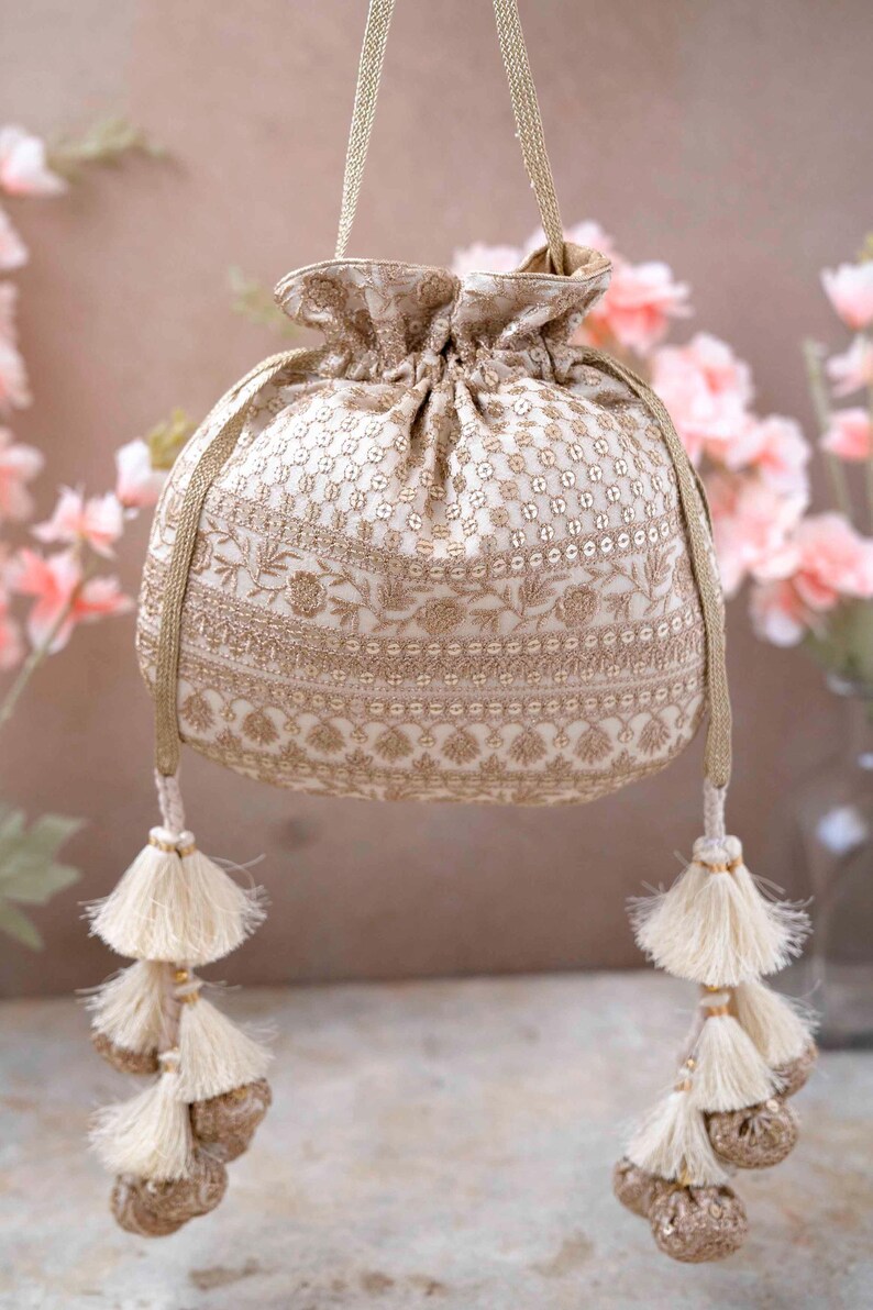 Resham Bridal Potli Bag Off White - Silk Potli, Zari Embroidered, Wedding Accessory image 5