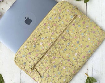 Blossom Laptop Sleeve - Yellow (Upto 14 inch), Embroidered laptop case, Work essential