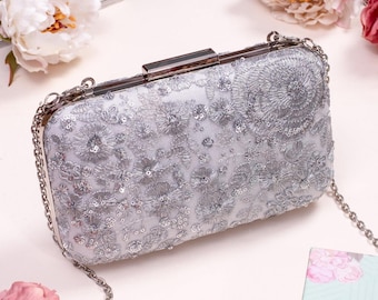 Silver embroidered box clutch, white wedding, cocktail party, Diwali gifts