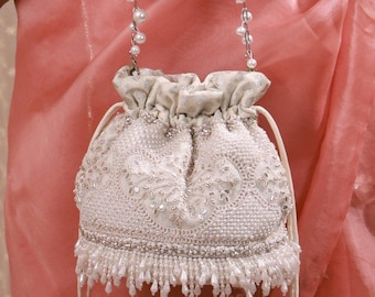 Sehra Pearl Embroidered Potli - bridal potli, silver, festive