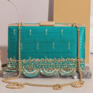 Cartera de mano de seda Tari, color turquesa, bordada, de seda y encaje dorado, regalos de boda, regalos de Diwali