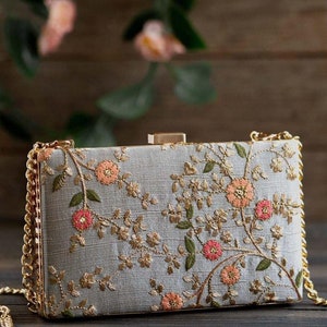 Floral creeper bridal box clutch - Grey, clutch bag for wedding gifting, bridal shower gifting , Diwali gifts