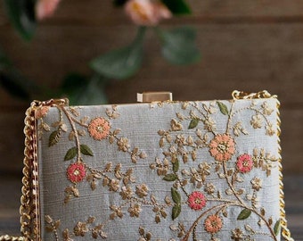 Floral creeper bridal box clutch - Grey, clutch bag for wedding gifting, bridal shower gifting , Diwali gifts