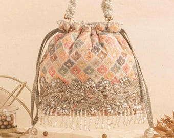 Aza Bucket Bag Embroidered Potli - Wedding Gift, Bridal Pouch, Pastel Silk