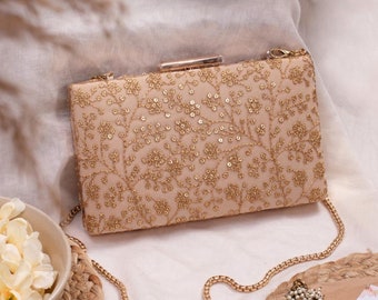 Beige sequin embroidered bridal box clutch, wedding and anniversary gift for her, Diwali gifting