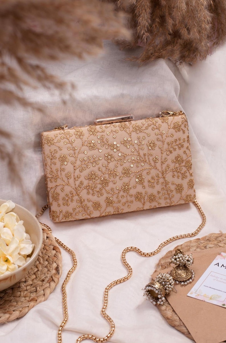 Beige sequin embroidered box clutch