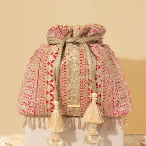 Naaz Potli - Red & Pink, diwali potli pouch, Zari pearl embroidered silk bag, bridal purse, handcrafted indian potli, luxurious gold tassels