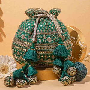 Resham Green Bridal and wedding Potli, bridesmaid gifts, bridal shower favors, designer potli , Diwali festive bags