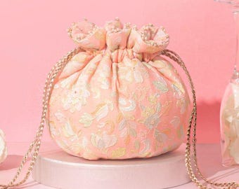 Flora Round Potli Peach - Drawstring Bag, Organza Accessory, Birthday Gift