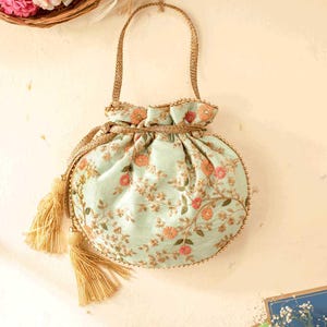 Floral Creeper Potli bag - Mint, Return gift, Brides maid purse, Diwali gifts, handmade potli purse, embroidered indian potli bag