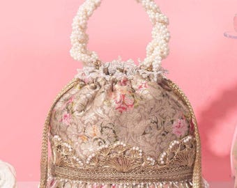 Elora Pearl Grey Potli Bag – Embellished Bridal, Wedding Handbag