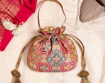 Amna Potli Bag - Cream Silk, Kutch Embroidery, Wedding Gift, Bridal Purse