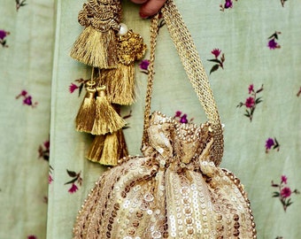 Antique Gold Sequin Bridal and wedding Potli bag, gifts for her, Embroidered tassel bag, Diwali festive bags