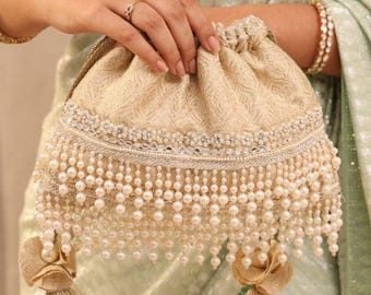 Anahi Embroidered Brocade Bridal Potli - Pearl Bag, Bridesmaid Gift, Diwali