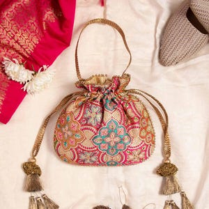 Amna Embroidered Bridal Potli bag - Cream, evening bag, handbag for women, floral embroidery , Diwali gifts,Embroidered Indian Bridal Potli