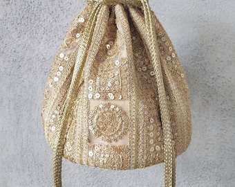 Bella Gold Potli-tas - geborduurd net, huwelijkscadeau, bruidsavondtasje
