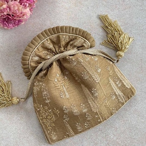 Arbre Gold Silk Embroidered Potli Bag – Wedding & Anniversary