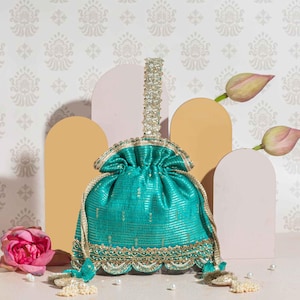 Tari potli de seda - turquesa, bolso de seda bordado, bolso indio, bolso de boda, regalo de Diwali, bolsa potli de diseñador, bolso de boda indio