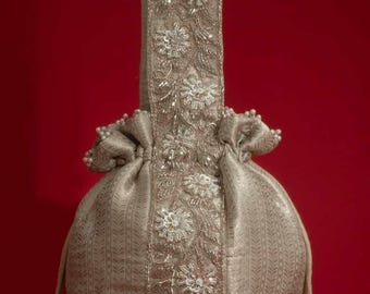 Tej Round Potli - Champagne,  evening party bag, designer wear potli , Diwali gifts