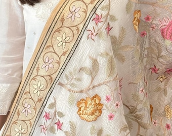Tanvi Floral Embroidered Dupatta - crushed tissue, off-white, festive wrap