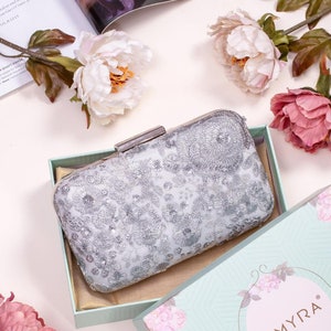 Silver embroidered box clutch