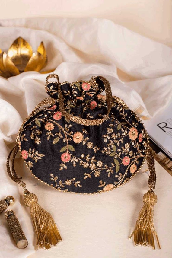 Floral Creeper Black Bridal Potli bag wedding gift bridal shower gift bridesmaid gifts and favors Diwali festive bags